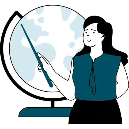 Illustration of a teacher pointing at a globe