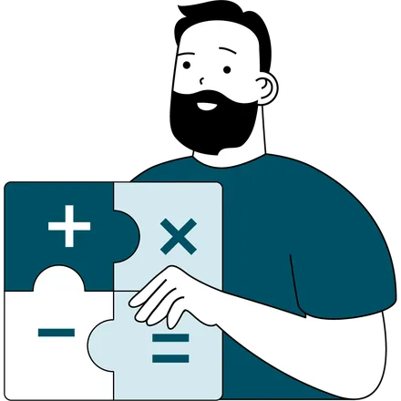 Illustration of a man fitting business puzzle pieces together
